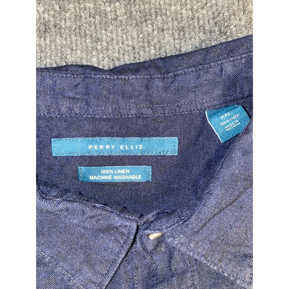 Perry Ellis Casual Shirt Men 2XL Navy Solid Linen Relaxed Fit Collared Button Up - Picture 4 of 9